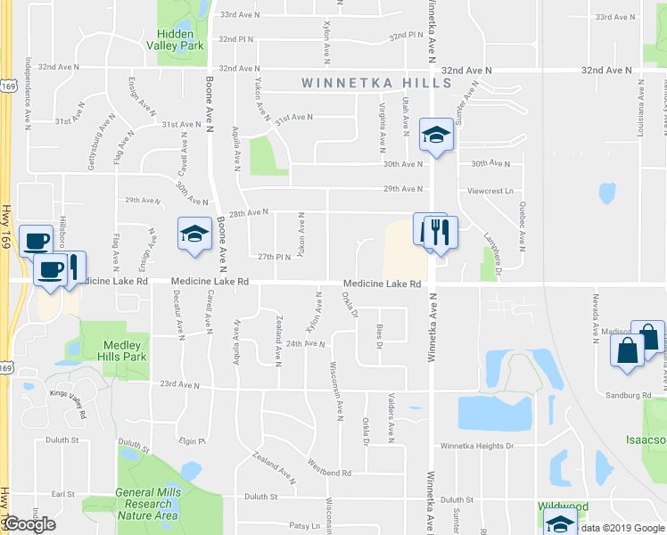map of restaurants, bars, coffee shops, grocery stores, and more near 2708 Xylon Avenue North in Minneapolis