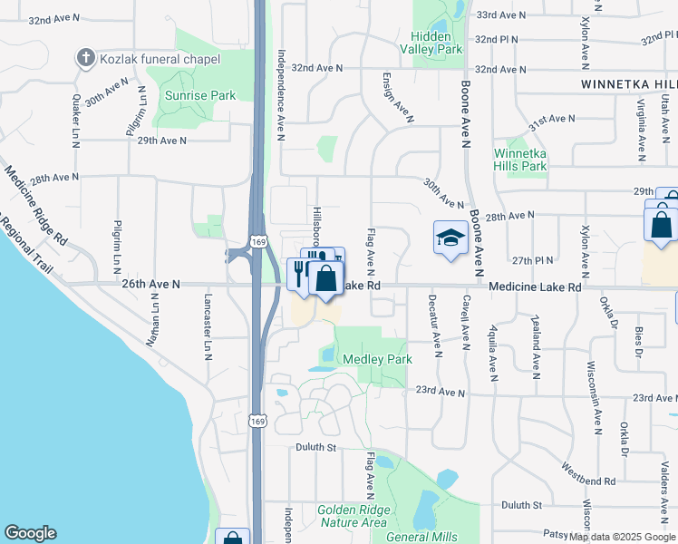 map of restaurants, bars, coffee shops, grocery stores, and more near 9390 Medicine Lake Road in Minneapolis