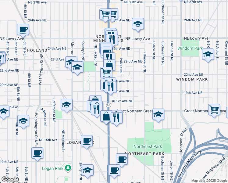 map of restaurants, bars, coffee shops, grocery stores, and more near 1846 Polk Street Northeast in Minneapolis