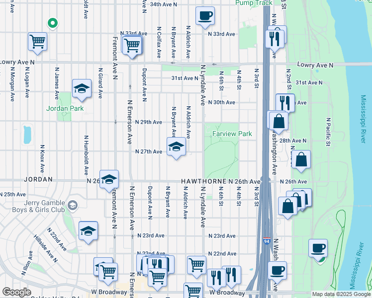 map of restaurants, bars, coffee shops, grocery stores, and more near in Minneapolis