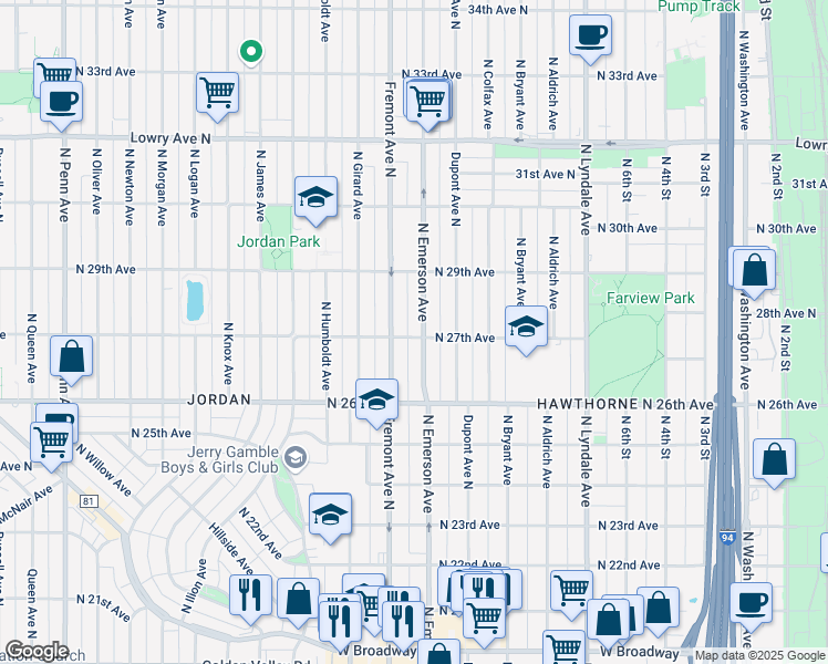 map of restaurants, bars, coffee shops, grocery stores, and more near 2654 North Emerson Avenue in Minneapolis