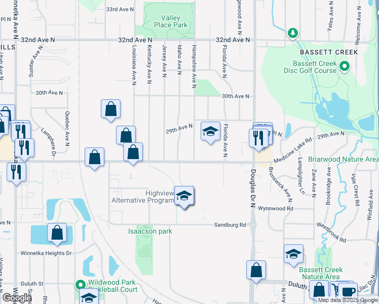 map of restaurants, bars, coffee shops, grocery stores, and more near 2702 Idaho Avenue North in Minneapolis