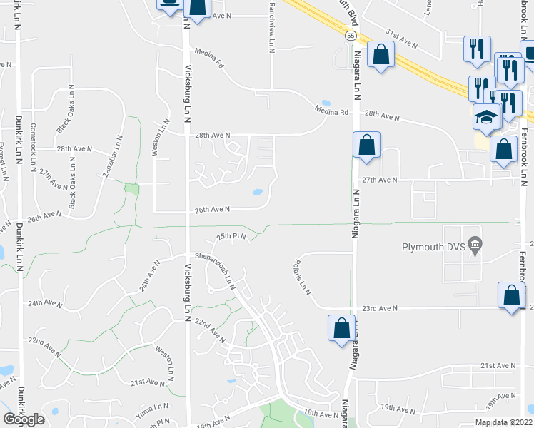 map of restaurants, bars, coffee shops, grocery stores, and more near 15545 26th Avenue North in Minneapolis