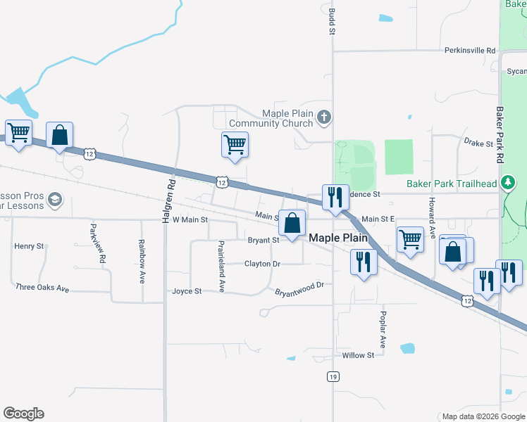 map of restaurants, bars, coffee shops, grocery stores, and more near 5364 Main Street East in Maple Plain