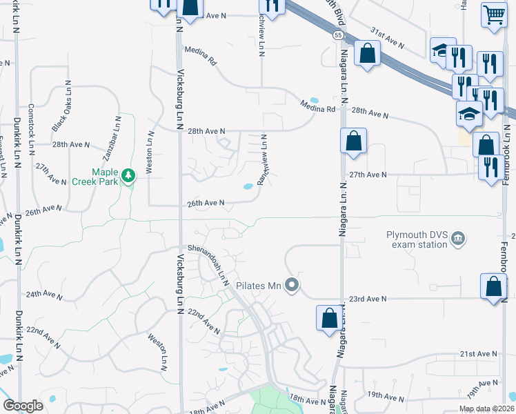 map of restaurants, bars, coffee shops, grocery stores, and more near 15535 26th Avenue North in Minneapolis