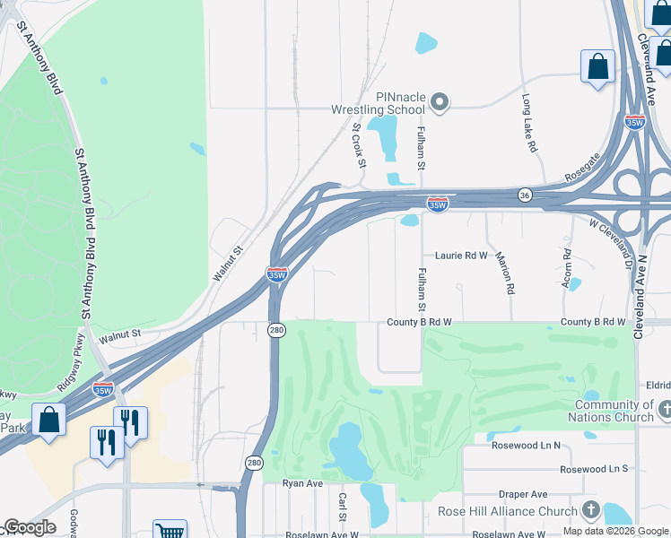 map of restaurants, bars, coffee shops, grocery stores, and more near 2195 Saint Croix Street in Roseville