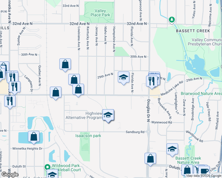 map of restaurants, bars, coffee shops, grocery stores, and more near 2702 Idaho Avenue North in Minneapolis