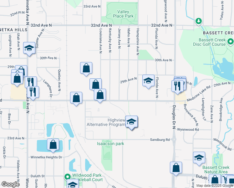 map of restaurants, bars, coffee shops, grocery stores, and more near 2717 Jersey Avenue North in Minneapolis