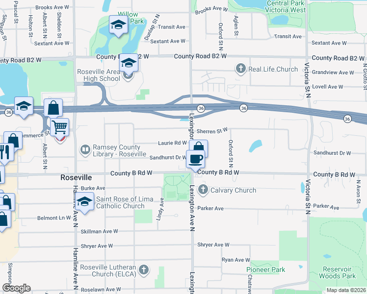 map of restaurants, bars, coffee shops, grocery stores, and more near 2201 Lexington Avenue North in Roseville