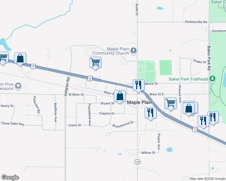 map of restaurants, bars, coffee shops, grocery stores, and more near 5364 Main Street East in Maple Plain