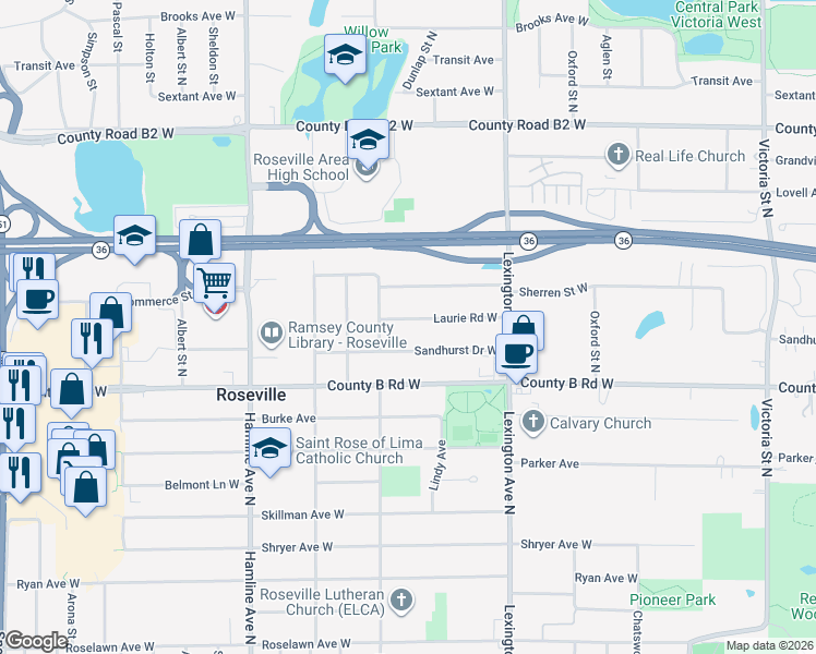 map of restaurants, bars, coffee shops, grocery stores, and more near 1187 Sandhurst Drive West in Roseville