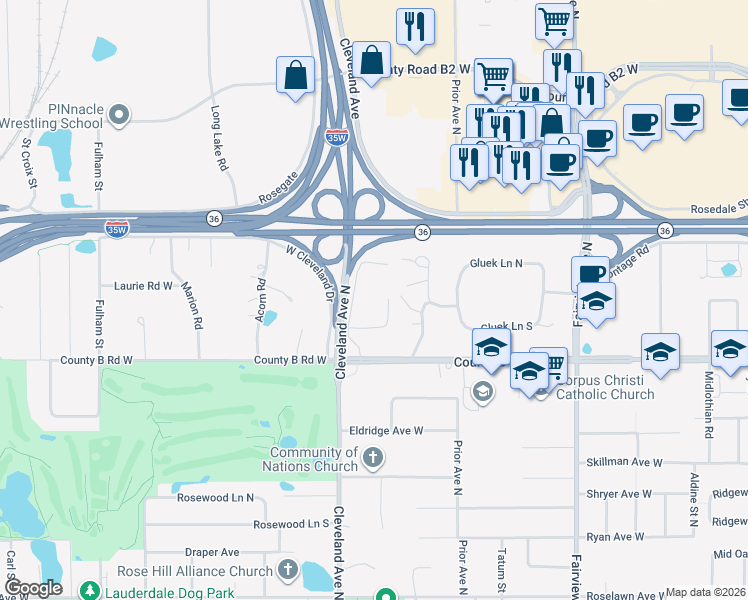 map of restaurants, bars, coffee shops, grocery stores, and more near 2210 Midland Grove Road in Roseville