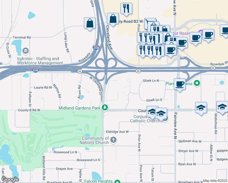 map of restaurants, bars, coffee shops, grocery stores, and more near 2210 Midland Grove Road in Roseville