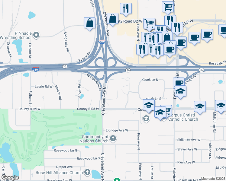 map of restaurants, bars, coffee shops, grocery stores, and more near 2210 Midland Grove Road in Roseville