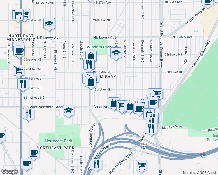 map of restaurants, bars, coffee shops, grocery stores, and more near 1812 19th Avenue Northeast in Minneapolis