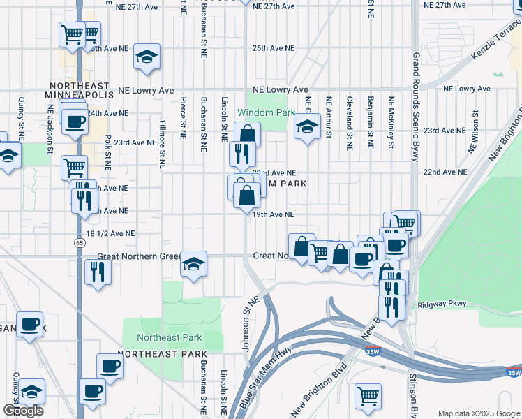 map of restaurants, bars, coffee shops, grocery stores, and more near 1849 Ulysses Street Northeast in Minneapolis