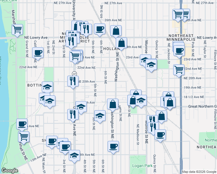 map of restaurants, bars, coffee shops, grocery stores, and more near 609 19th Avenue Northeast in Minneapolis