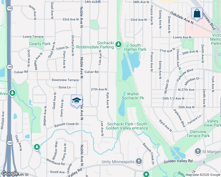 map of restaurants, bars, coffee shops, grocery stores, and more near 2640 Kyle Avenue North in Minneapolis