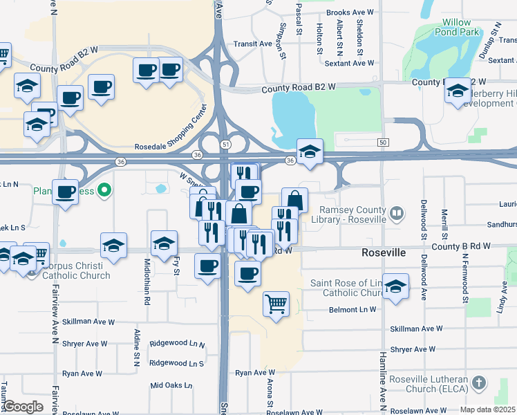 map of restaurants, bars, coffee shops, grocery stores, and more near 1515 County B Road West in Roseville