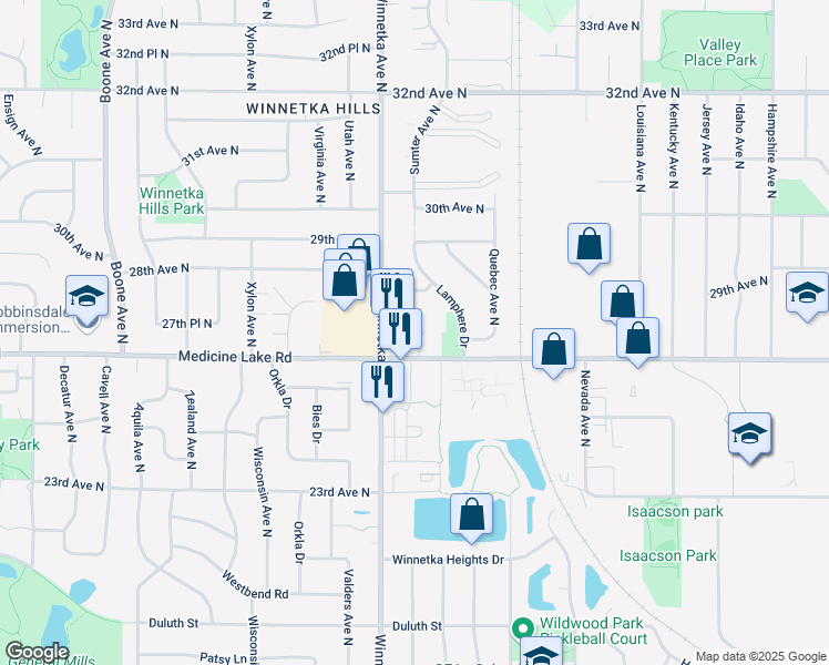 map of restaurants, bars, coffee shops, grocery stores, and more near 7800 Medicine Lake Road in New Hope