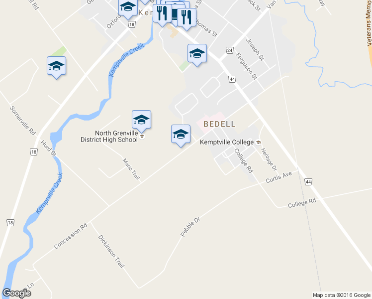 map of restaurants, bars, coffee shops, grocery stores, and more near 2655 Concession Road in Kemptville