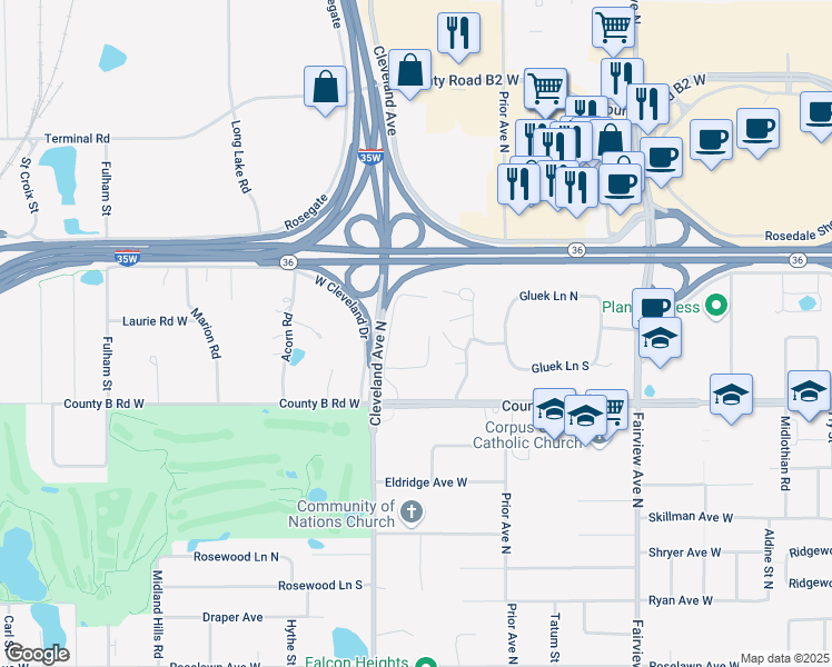 map of restaurants, bars, coffee shops, grocery stores, and more near 2200 Midland Grove Road in Roseville