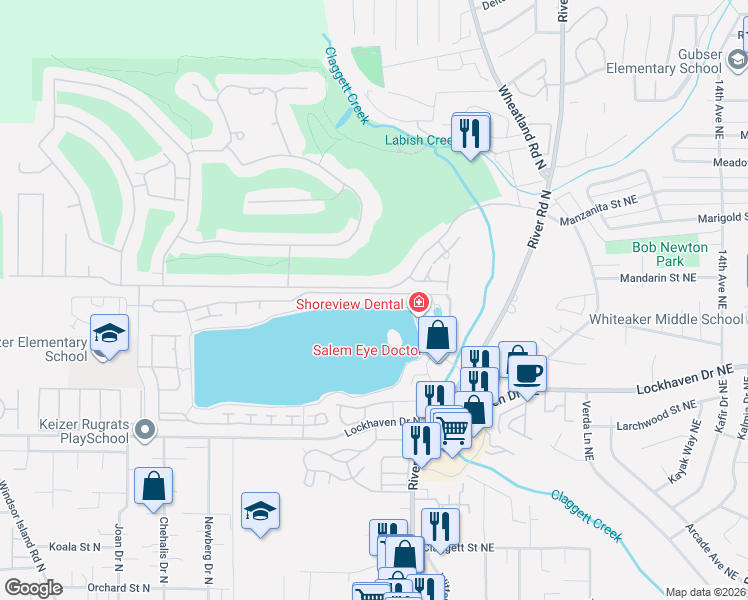 map of restaurants, bars, coffee shops, grocery stores, and more near 338 Crystal Springs Lane North in Keizer