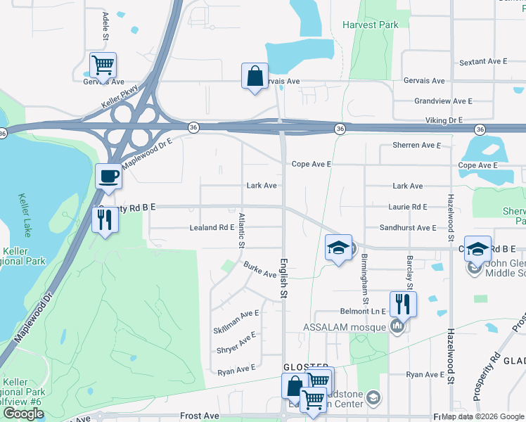 map of restaurants, bars, coffee shops, grocery stores, and more near 1272 County Road B East in Maplewood