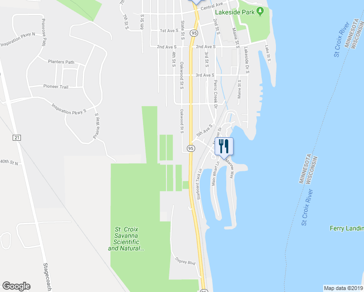 map of restaurants, bars, coffee shops, grocery stores, and more near 628 Oakwood Street South in Bayport