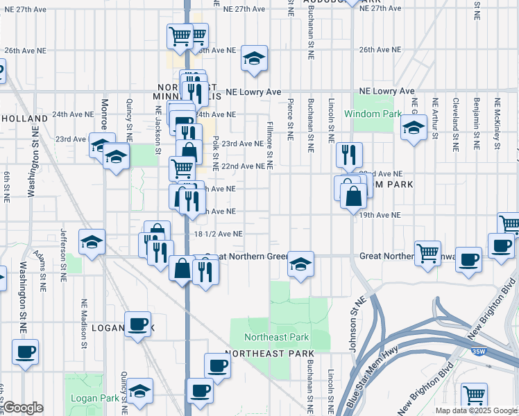 map of restaurants, bars, coffee shops, grocery stores, and more near 1112 19th Avenue Northeast in Minneapolis