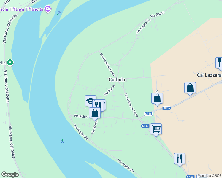 map of restaurants, bars, coffee shops, grocery stores, and more near 60 Via Alcide De Gasperi in Corbola