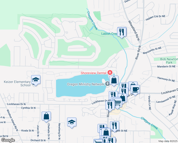map of restaurants, bars, coffee shops, grocery stores, and more near 388 Crystal Springs Lane North in Keizer