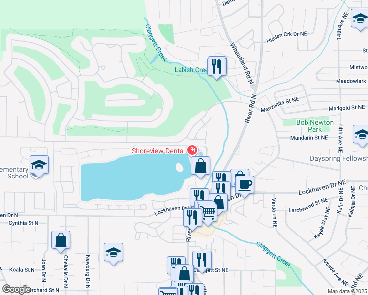 map of restaurants, bars, coffee shops, grocery stores, and more near 5895 Shoreview Lane North in Keizer