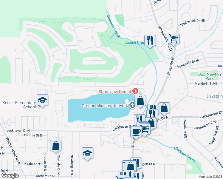 map of restaurants, bars, coffee shops, grocery stores, and more near 388 Crystal Springs Lane North in Keizer
