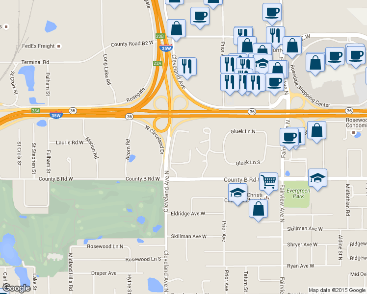 map of restaurants, bars, coffee shops, grocery stores, and more near 2210 Midland Grove Road in Roseville