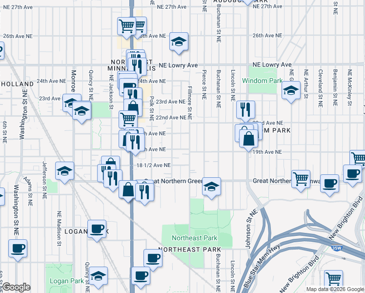 map of restaurants, bars, coffee shops, grocery stores, and more near 1112 19th Avenue Northeast in Minneapolis
