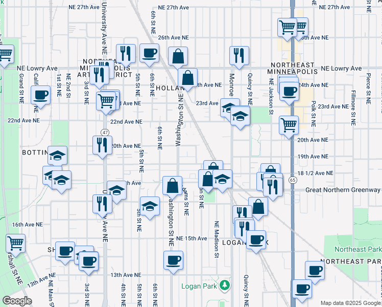 map of restaurants, bars, coffee shops, grocery stores, and more near 636 19th Avenue Northeast in Minneapolis