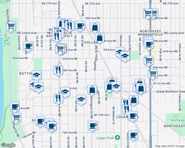 map of restaurants, bars, coffee shops, grocery stores, and more near 609 19th Avenue Northeast in Minneapolis