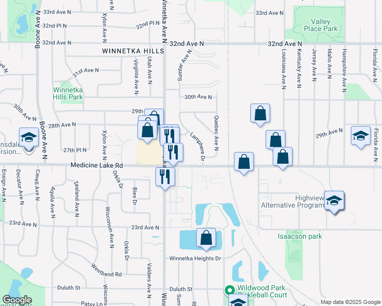 map of restaurants, bars, coffee shops, grocery stores, and more near 7700 Medicine Lake Road in New Hope