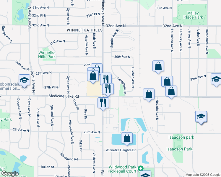 map of restaurants, bars, coffee shops, grocery stores, and more near 7800 Medicine Lake Road in New Hope