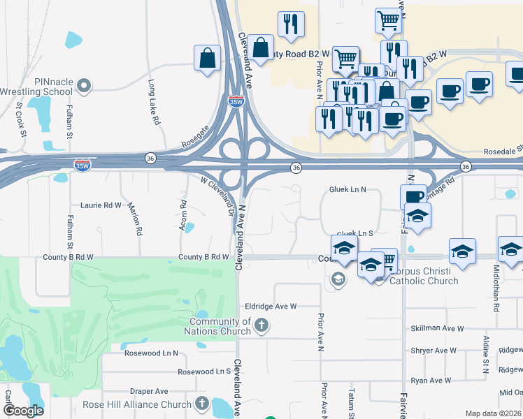 map of restaurants, bars, coffee shops, grocery stores, and more near 2220 Midland Grove Road in Roseville