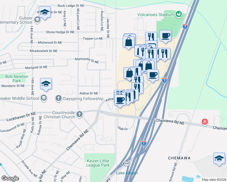 map of restaurants, bars, coffee shops, grocery stores, and more near 2478 Aldine Court Northeast in Keizer