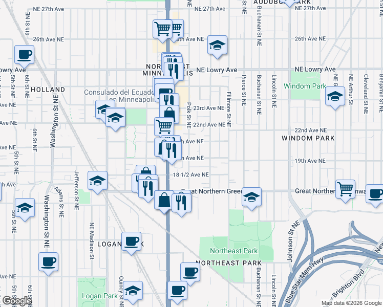 map of restaurants, bars, coffee shops, grocery stores, and more near 1846 Polk Street Northeast in Minneapolis