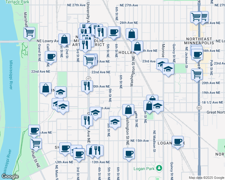 map of restaurants, bars, coffee shops, grocery stores, and more near 509 19th Avenue Northeast in Minneapolis