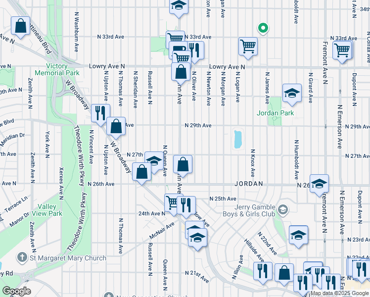 map of restaurants, bars, coffee shops, grocery stores, and more near 2655 North Oliver Avenue in Minneapolis