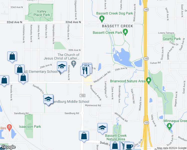 map of restaurants, bars, coffee shops, grocery stores, and more near 2560 Brunswick Avenue North in Minneapolis