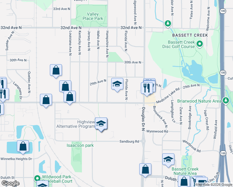map of restaurants, bars, coffee shops, grocery stores, and more near 6625 Medicine Lake Road in Minneapolis