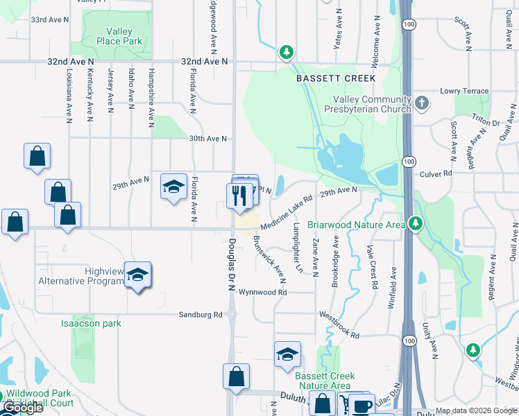 map of restaurants, bars, coffee shops, grocery stores, and more near 2701 Brunswick Avenue North in Crystal