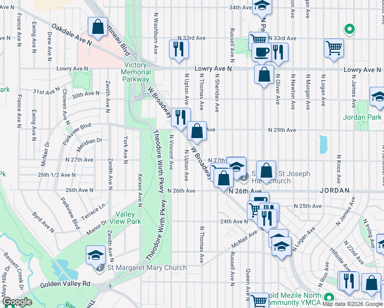 map of restaurants, bars, coffee shops, grocery stores, and more near 2623 West Broadway Avenue in Minneapolis