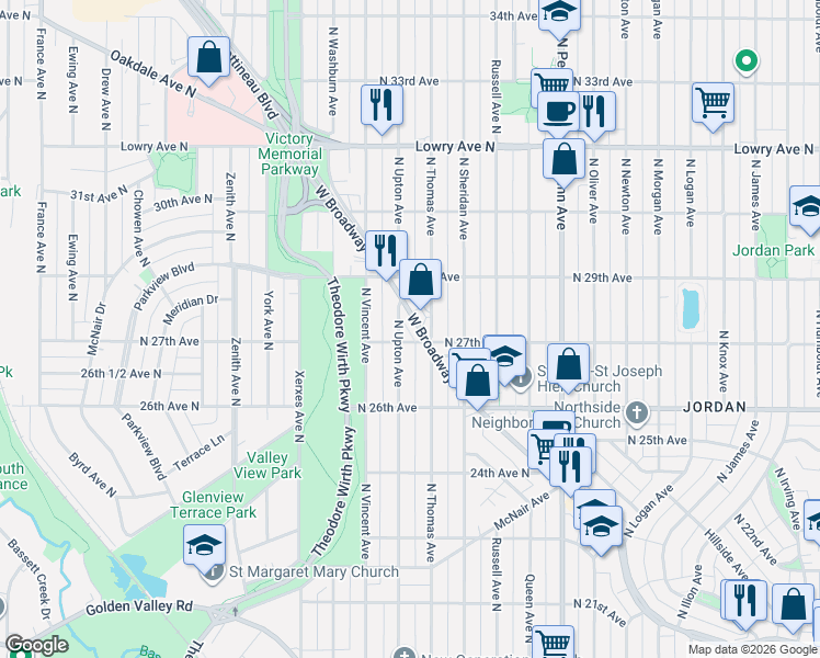 map of restaurants, bars, coffee shops, grocery stores, and more near 2623 West Broadway Avenue in Minneapolis